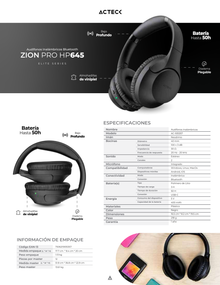 Audifonos diadema Acteck Zion Plus HP645 Negro Over Ear Bluetooth 5.0 Elite series