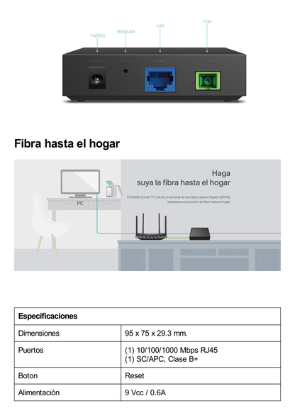 ONU/ONT - Unidad de red óptica GPON /  1 puerto RJ45 10/100/1000 Mbps / 1 puerto GPON SFP conector SC/APC / Equipo Bridge