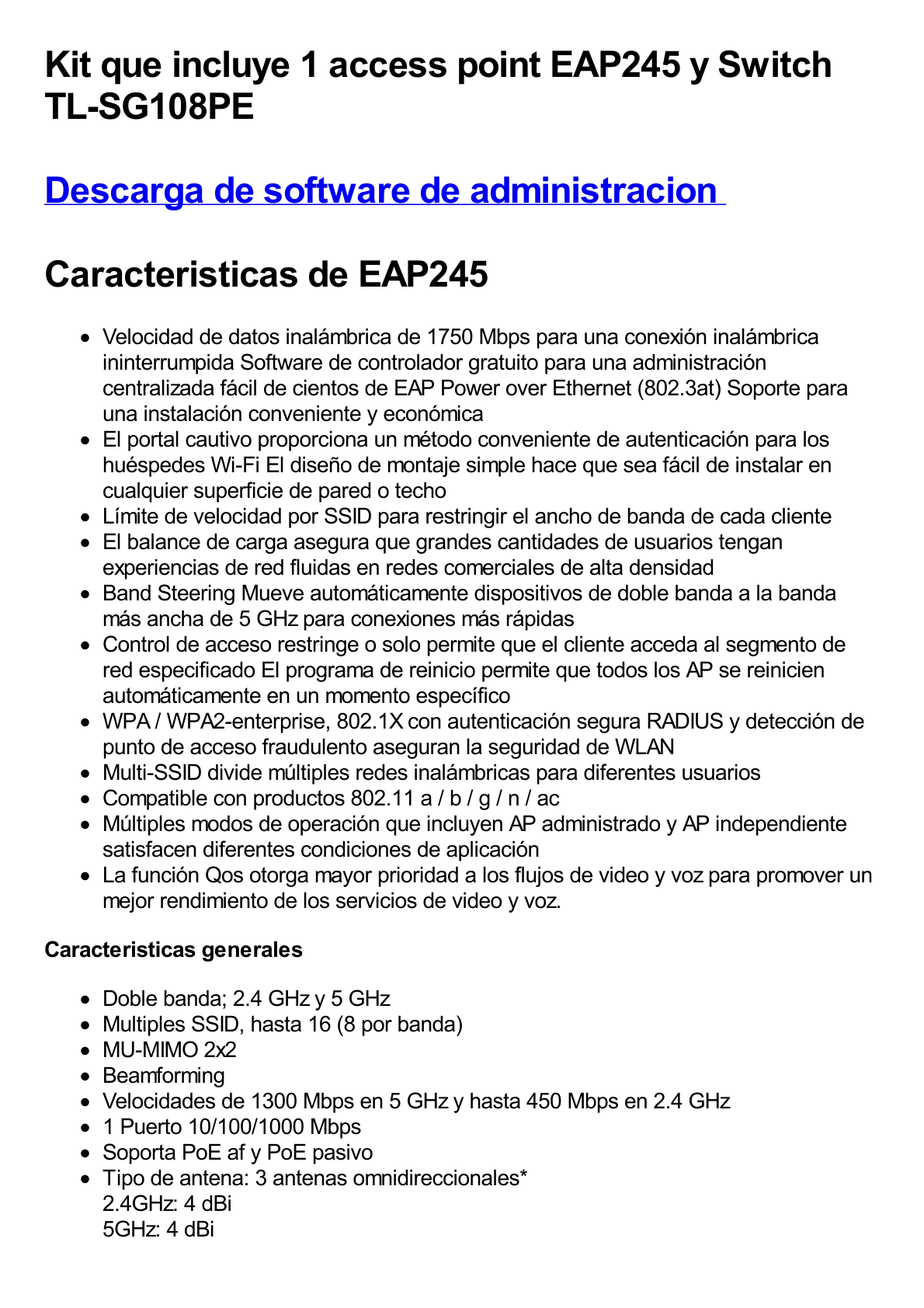 Kit de access point EAP245 y switch PoE TL-SG108PE, doble banda AC, hasta 1750 Mbps, 1 puerto Gigabit