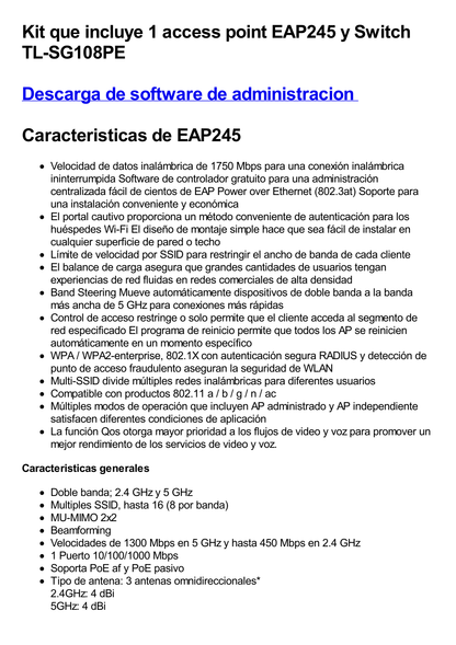 Kit de access point EAP245 y switch PoE TL-SG108PE, doble banda AC, hasta 1750 Mbps, 1 puerto Gigabit