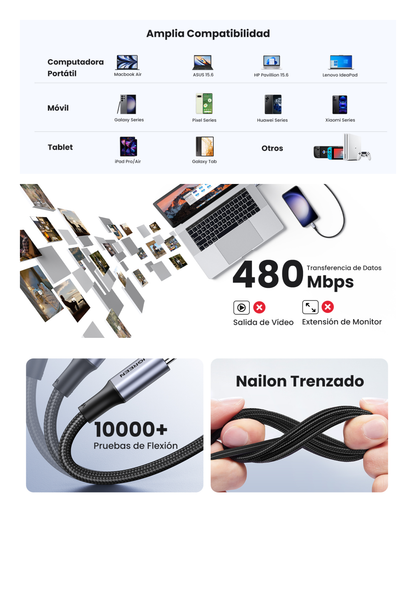 Cable USB-C a USB-C | 1 Metro | Transferencia de datos de 480 Mbps | Carga Rápida de hasta 60W | QC 4.0/3.0/2.0 | PD3.0 | FPC | AFC | Protección Integrada | Caja de Aluminio | Nylon Trenzado | Color Negro.