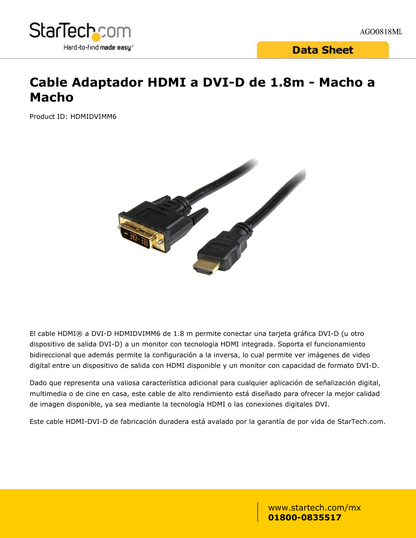 Cable StarTech de 1M Adaptador de Video HDMI a DVI-D - Macho a Macho - 1 x DVI-D Macho Video Digital