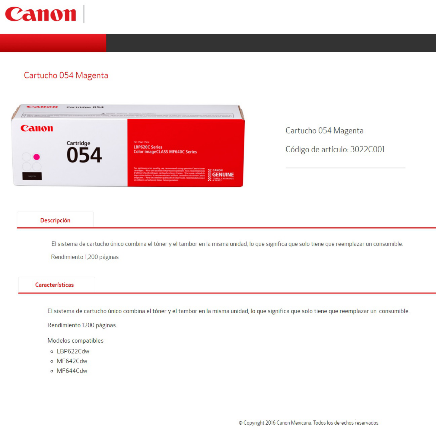 TONER CANON 054 3022C001AA MAGENTA IMAGECLASS LBP622Cdw / MF644Cdw( 1200 PAG)