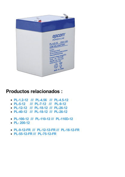 Batería 12 Vcc / 4.5 Ah / UL / Tecnología AGM-VRLA / Para uso en equipo electrónico Alarmas de intrusión / Incendio/ Control de acceso / Video Vigilancia / Terminales F1.