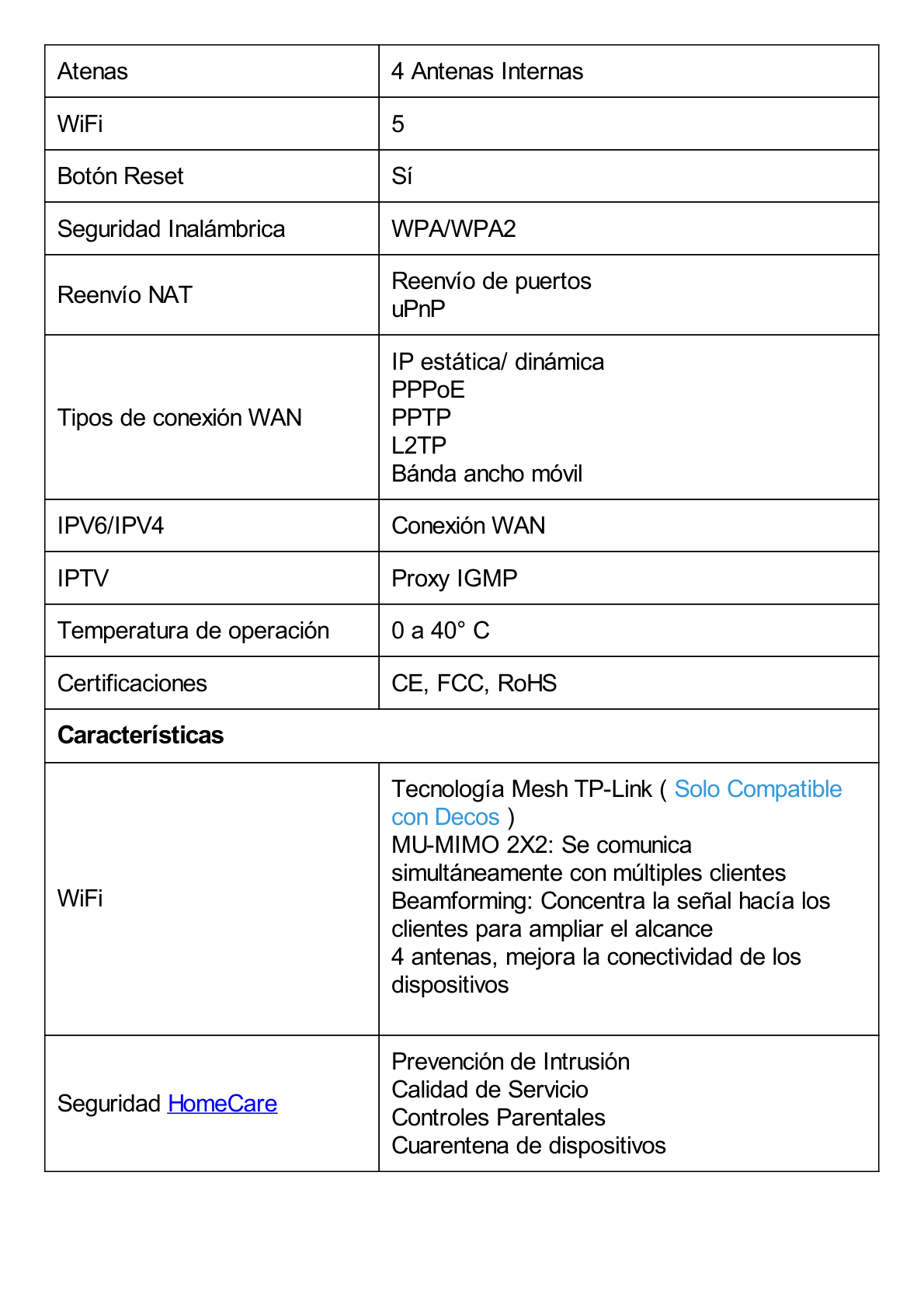 Router Inalámbrico MESH Interior para Hogar / Doble Banda Wi-Fi 5 AC1300 Mbps / 2 Puerto Gigabit WAN/LAN / 4 Antenas Internas / Administración Mediante la App Deco (iOS, Android) / Protección HomeCare / Antivirus Integrado