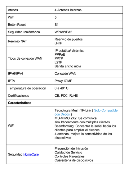 Kit 2 Routers Inalámbricos MESH Interior para Hogar / Doble Banda Wi-Fi 5 AC1300 Mbps / 2 Puerto Gigabit WAN/LAN / 4 Antenas Internas / Administración Mediante la App Deco (iOS, Android) / Protección HomeCare