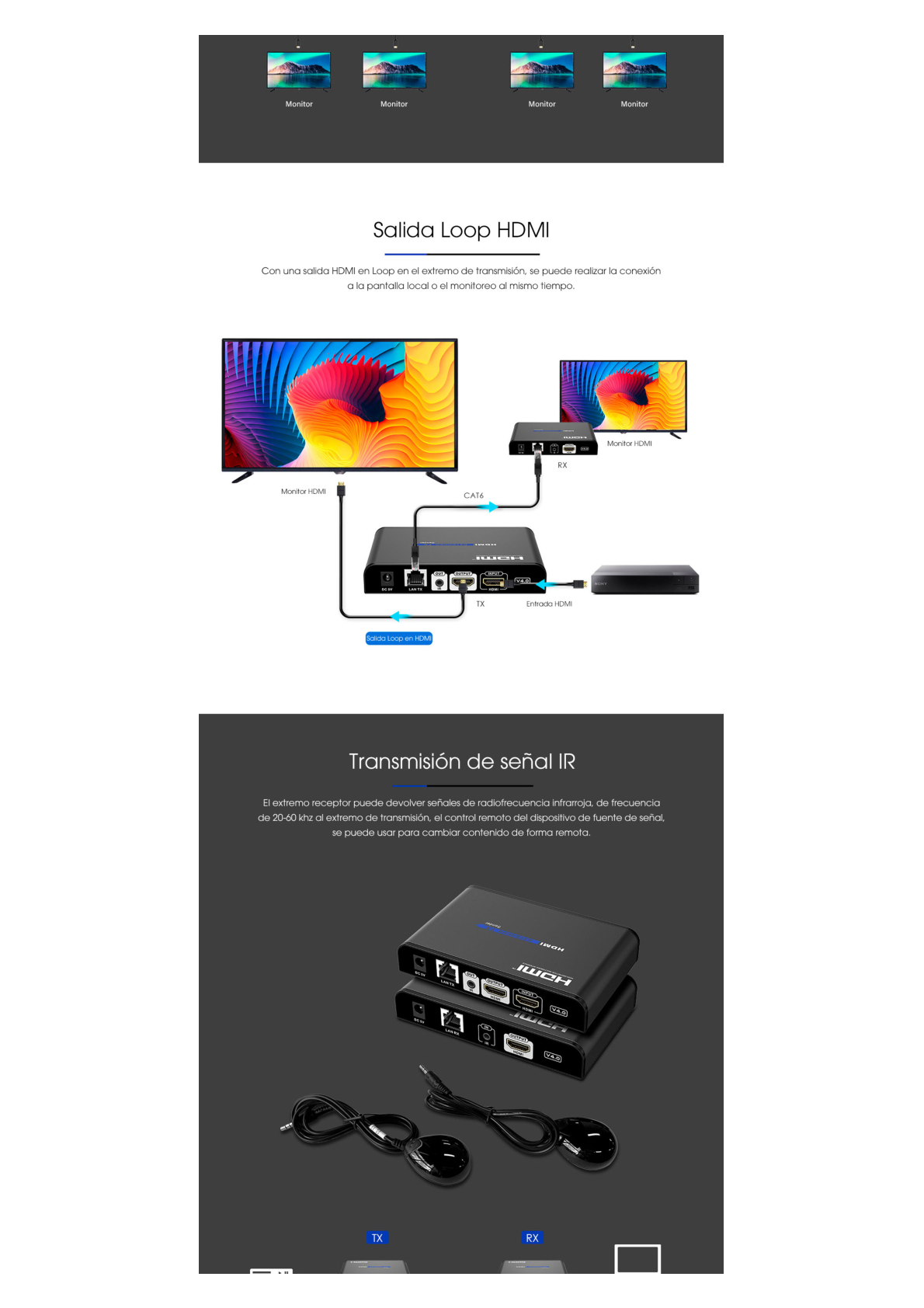 Kit Extensor HDMI para distancias de 120 metros / Resolución 1080P a 60Hz / Cat 6 / Soporta conexión Uno a Uno y Uno a Muchos / Soporta hasta 253 Rx / Salida Loop / Baja Latencia / Uso 24/7 / Soporta HDbitT / Compatible con Switch Gigabit