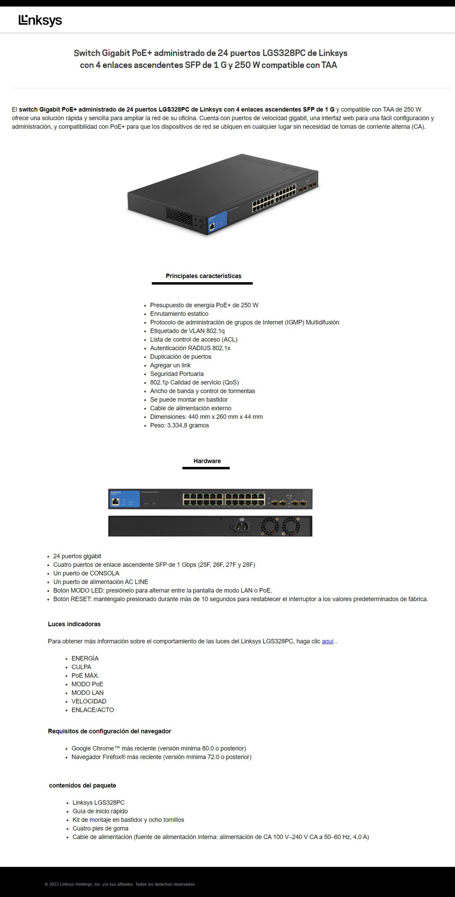 Switch Linksys LGS328PC administrable funciones L3 24 puertos RJ45 gigabit PoE+ 802.3af max. 250W 4 puertos SFP red avanzada QoS