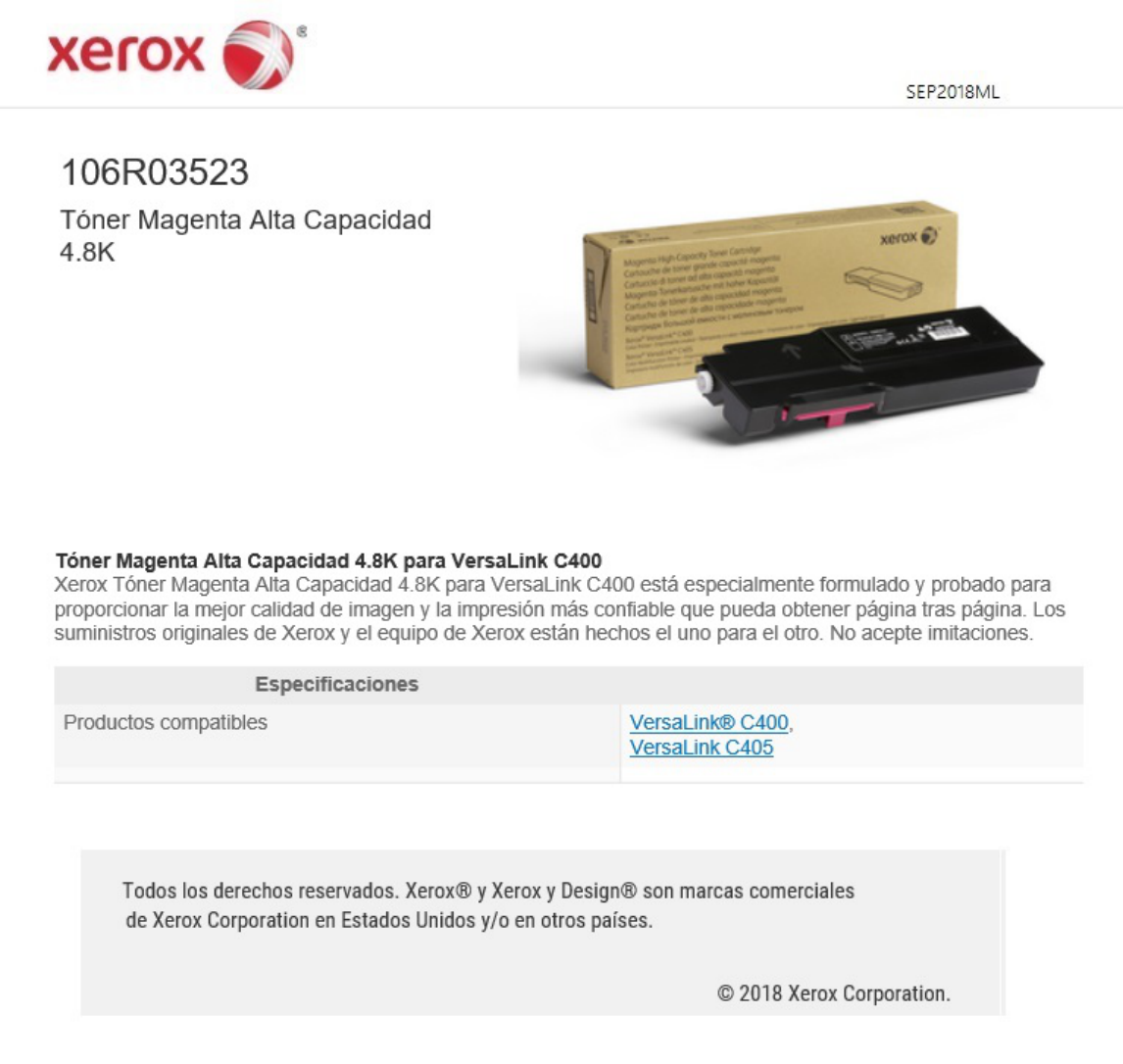 TONER XEROX 106R03523 MAGENTA ALTA CAPACIDAD VERSALINK C400/C405 (4 800 PAG)