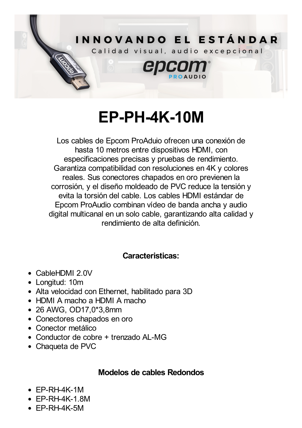 Cable HDMI de 10m | Alta Definición | Version 2.0 | Alta velocidad 18Gbps | 4K@60Hz | Conectores Chapados en Oro | Tipo Plano