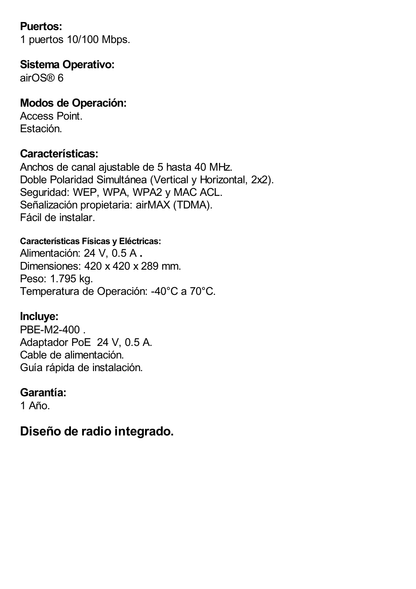 PowerBeam airMAX M2, hasta 150 Mbps, frecuencia 2 GHz (2405 - 2475 MHz) con antena tipo plato de 18 dBi