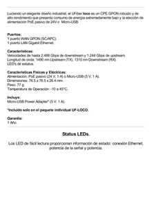 UFiber loco GPON ONU, Unidad de red óptica con 1 puerto WAN GPON (SC/APC) + 1 puerto LAN Gigabit Ethernet