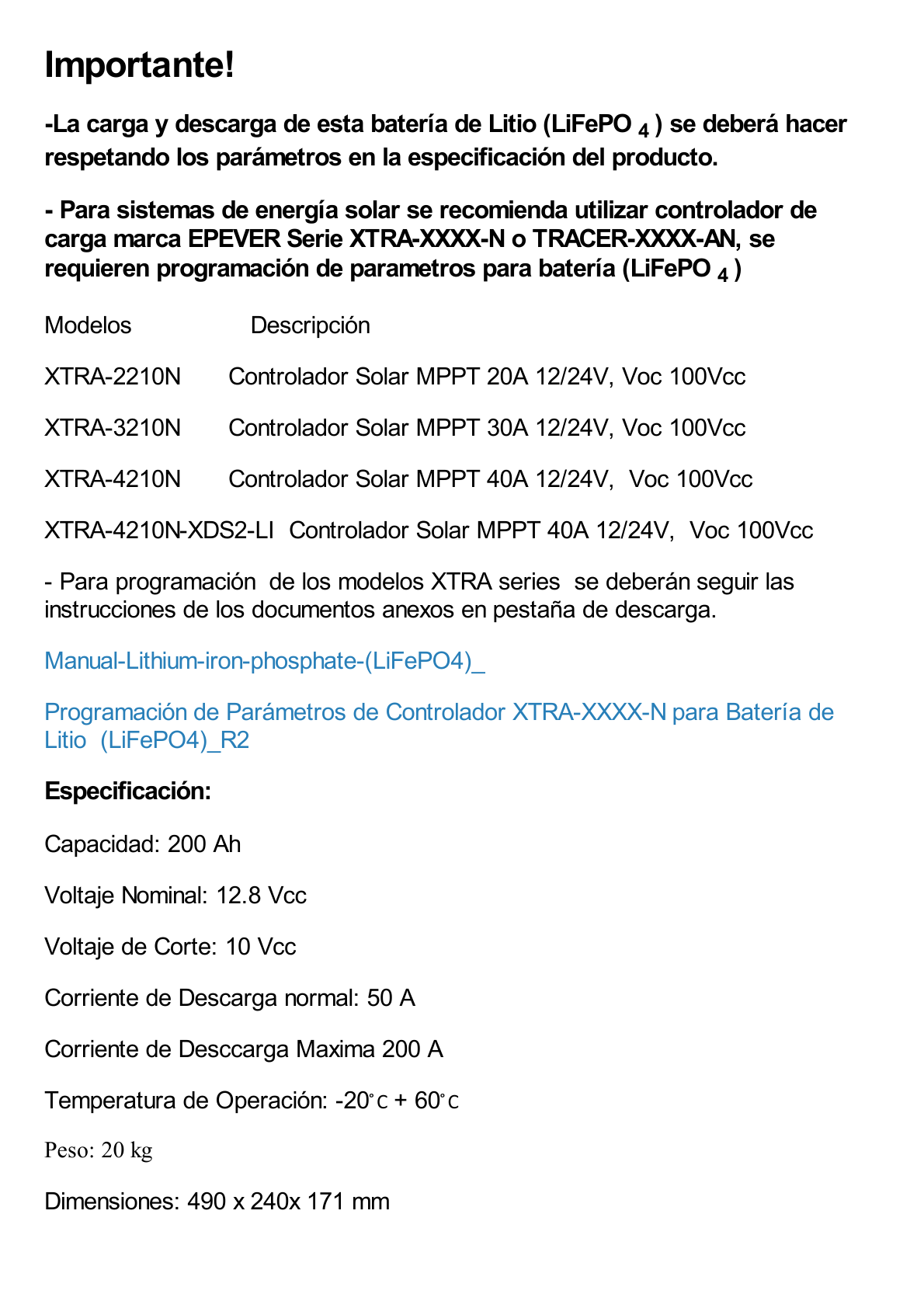 Batería de Litio Ciclo Profundo, 12.8 Vcc 200Ah (LiFePO4 de Celdas Cilíndricas) , Solar, Marina, Máximo 200 A de Descarga