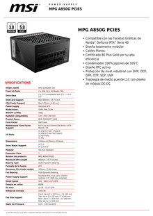 Fuente MSI 850W MPG A850G PCIe5 Full Modular 80 PLUS Gold