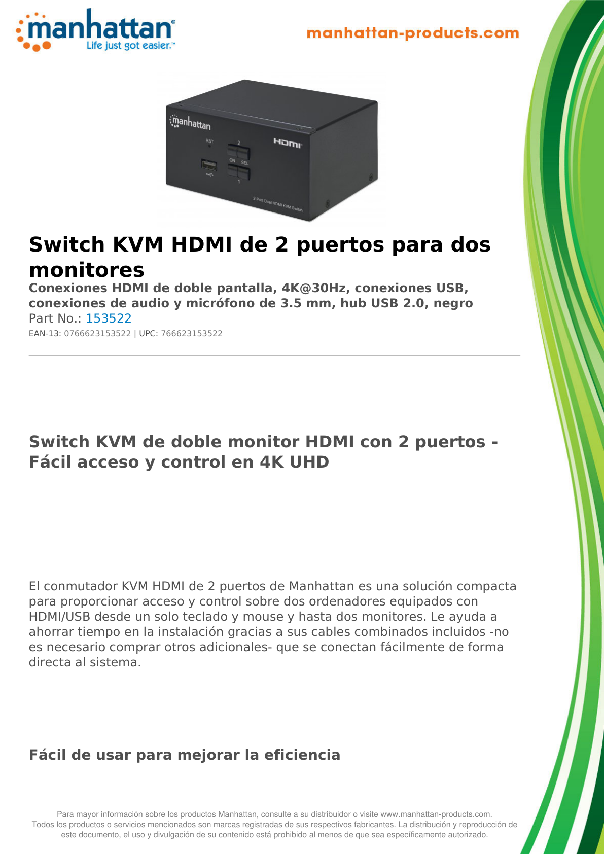 Kvm MANHATTAN swithc de 2 puertos para 2 monitores