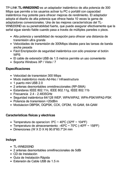 Adaptador de alta potencia USB  inalámbrico N 300 Mbps 2.4 GHz con 2 antenas externas de 5 dBi