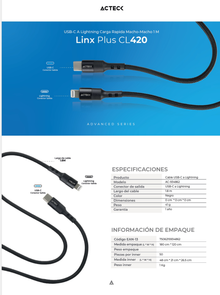 Cable Acteck USB-C a Lightning Linx Plus CL420 1M Carga Ultra Rápida Hasta 27W Nylon Trenzado Macho Macho