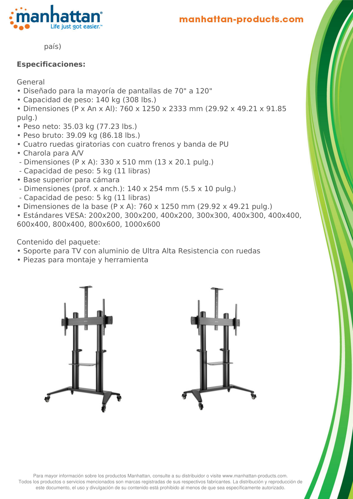 Soporte Manhattan para TV tipo carro de 70-120 pulg 140KG con inclinacion y ultraresistente