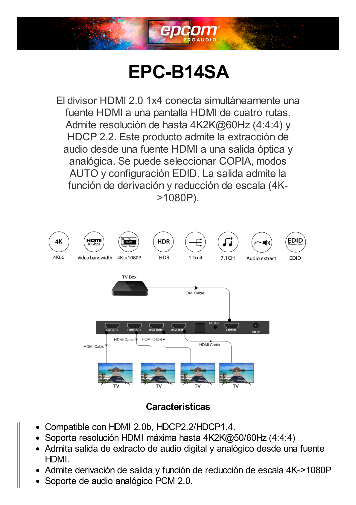 Splitter HDMI 1x4 | 4K@60Hz | Extractor de Audio | Down Scaler | HDR  4:4:4 | EDID | 18Gbps