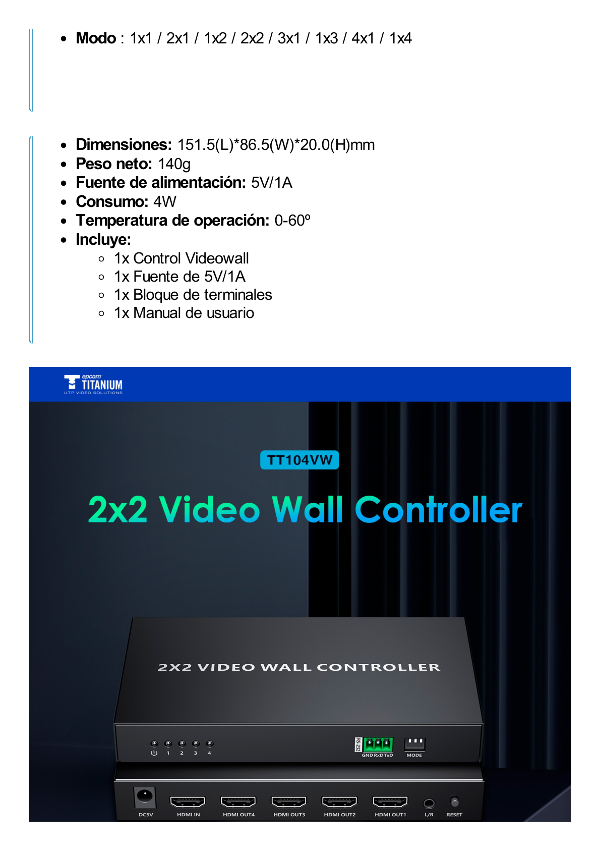 Controlador de VideoWall 2x2 | Multiples Modos de Vista | Audio 3.5mm | Control RS232