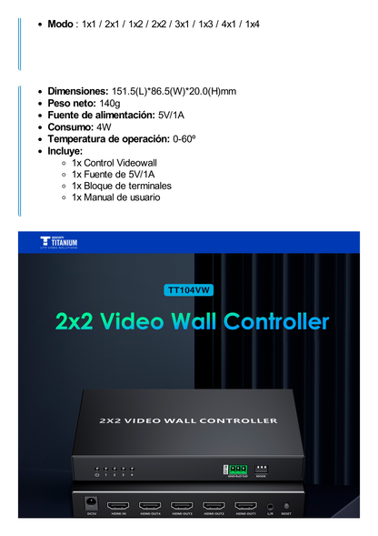 Controlador de VideoWall 2x2 | Multiples Modos de Vista | Audio 3.5mm | Control RS232