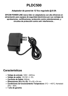 Adaptador de Pared de 12 Vcc @ 500 mA / Uso en Interior / Múltiples Usos