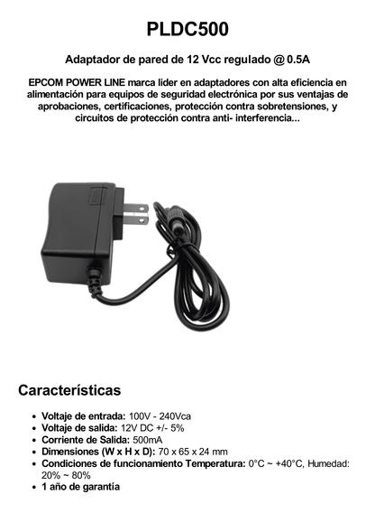 Adaptador de Pared de 12 Vcc @ 500 mA / Uso en Interior / Múltiples Usos