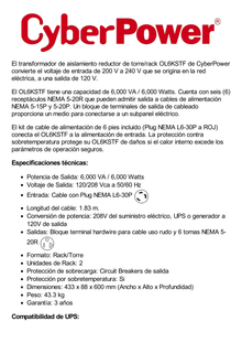 Transformador Reductor de 208 Vca a 120 Vca, Con entrada Hardwire con Cable de Uso Rudo y 6 Salidas NEMA 5-20R, Recomendado para UPS modelo OL6KRT