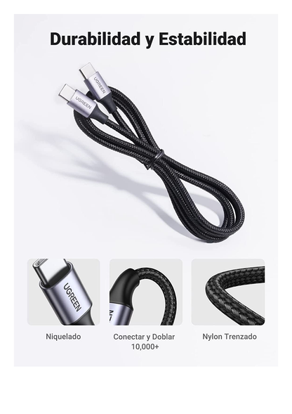 Cable USB-C a USB-C | 2 Metros | Transferencia de datos de 480 Mbps | Carga Rápida de hasta 60W | QC 4.0/3.0/2.0 | PD3.0 | FPC | AFC | Protección Integrada | Caja de Aluminio | Nylon Trenzado | Color Negro.