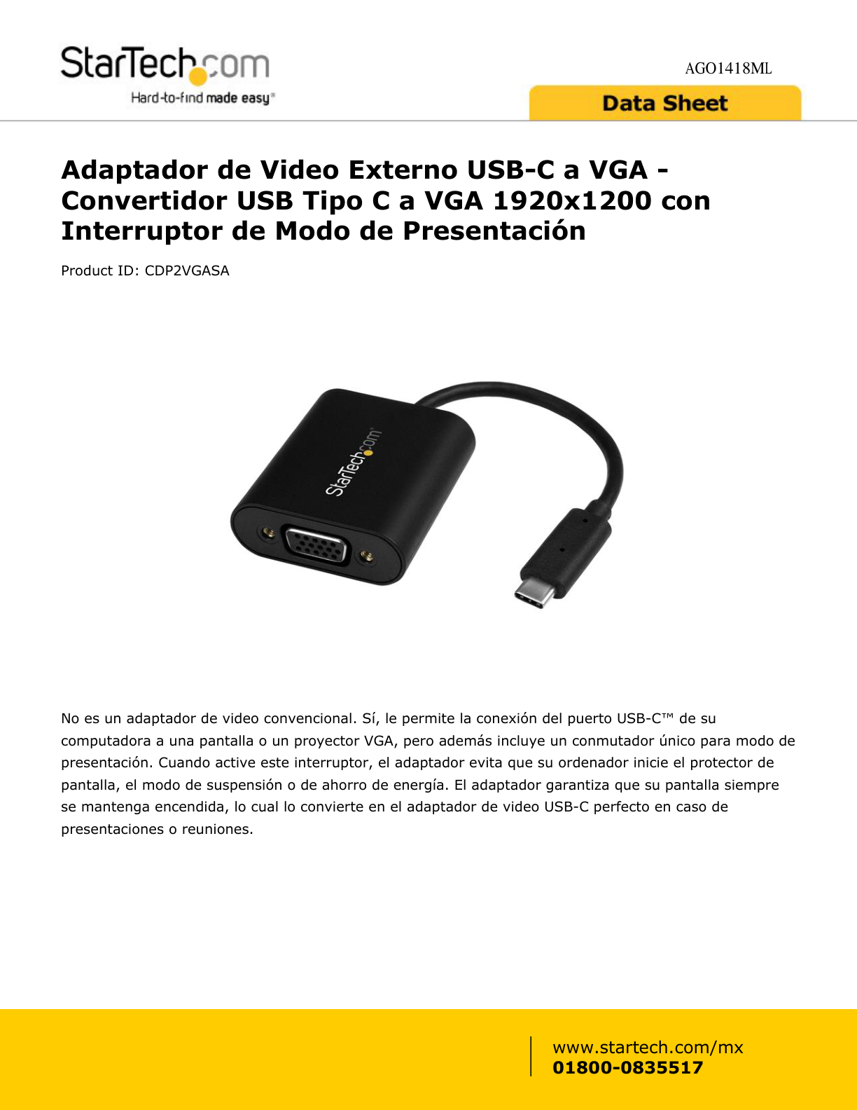 Adaptador StarTech de Video Externo USB-C a VGA - Convertidor USB Tipo-C a VGA 1920x1200 con Interruptor de Modo de Presentación