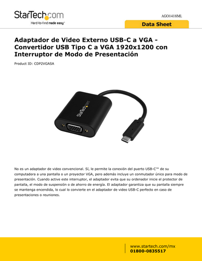 Adaptador StarTech de Video Externo USB-C a VGA - Convertidor USB Tipo-C a VGA 1920x1200 con Interruptor de Modo de Presentación