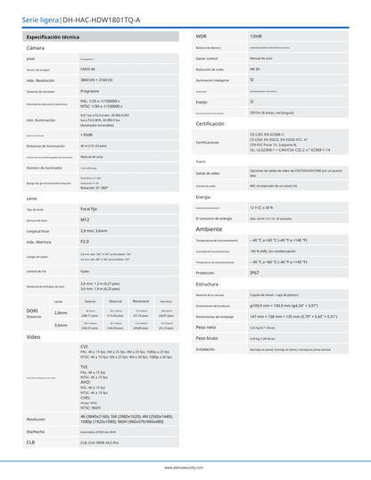 Camara Dahua DH-HAC-HDW1801TQN-A domo 4k 8 mpx lente 2.8mm IR 40 m plastico exterior 106 gds de apertura con microfono IP67