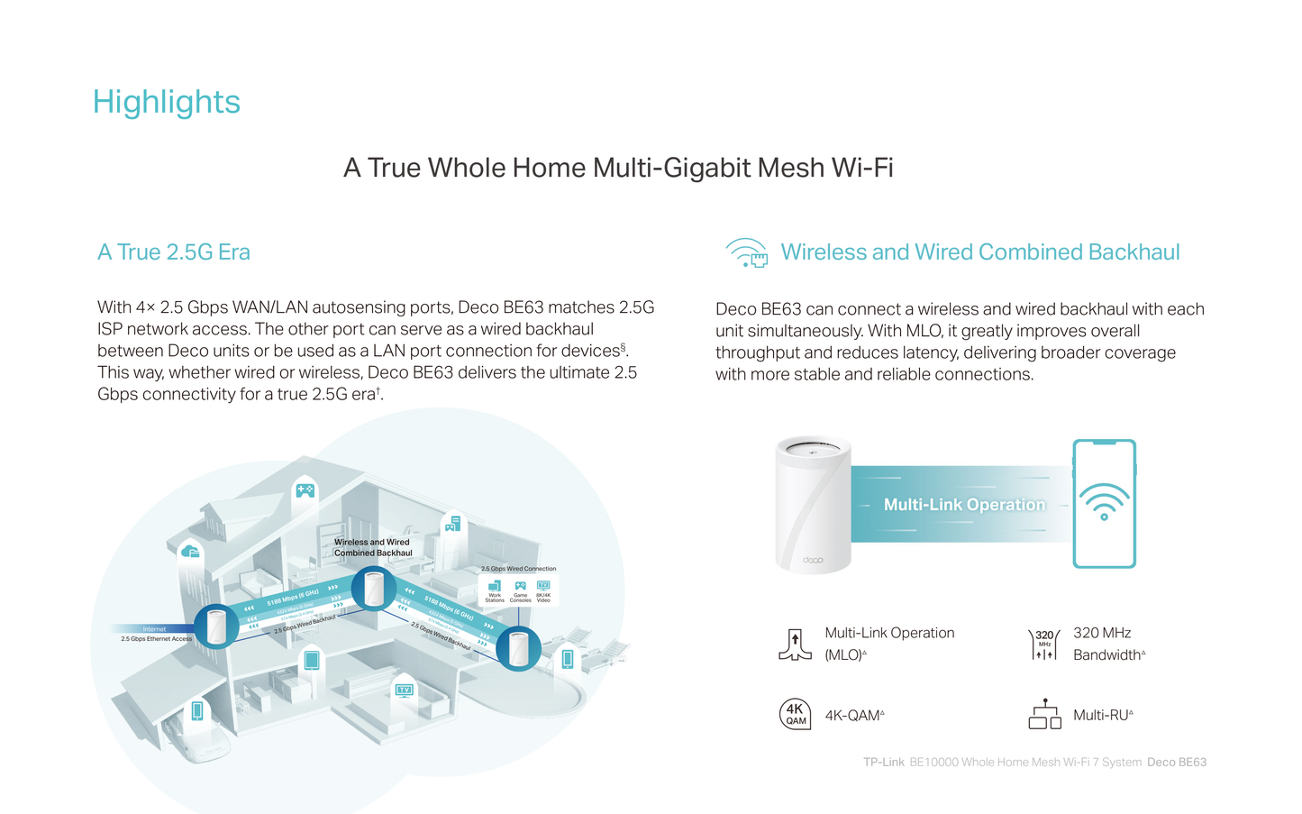 Sistema Deco BE63 (3 piezas) TP-Link Mesh Wi-Fi 7 BE10000 Tri-Banda MLO 4K-QAM 2x2 MU-MIMO OFDMA 4x RJ45 2.5Gbps x pieza