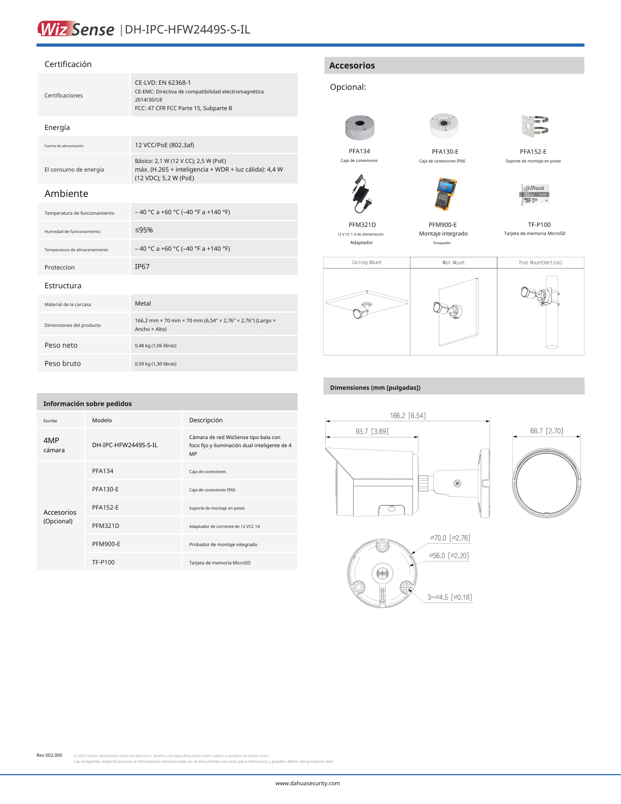 Camara Dahua DH-IPC-HFW2449S-S-IL IP bullet 4 mpx lente 2.8 mm IR 30 m exterior metal audio ranura microsd IP67