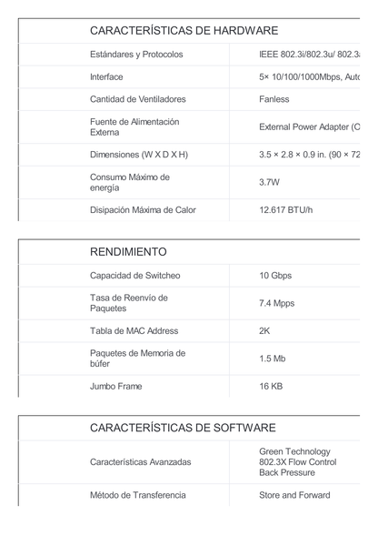 Switch para escritorio 5 puertos 10/100/1000Mbps