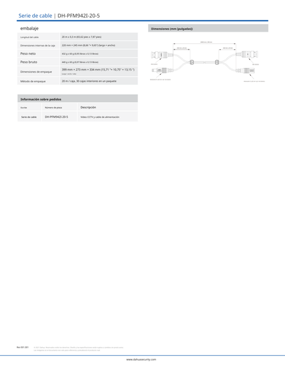Cable Dahua DH-PFM942I-20-5 de 20 m armado para video y energia para camaras hasta 4k conector BNC y energia de uso exterior e interior