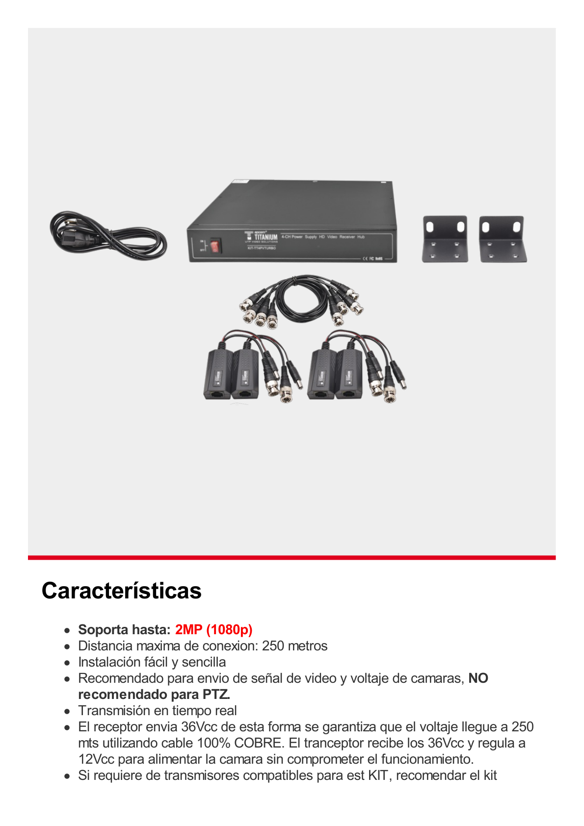 Kit de 4 canales de para transmisión de ALIMENTACION ( de 36 Vcc a 12Vcc )  y VIDEO (HD-TVI) a distancias de hasta 250 mts.