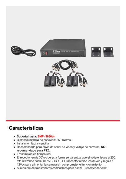 Kit de 4 canales de para transmisión de ALIMENTACION ( de 36 Vcc a 12Vcc )  y VIDEO (HD-TVI) a distancias de hasta 250 mts.