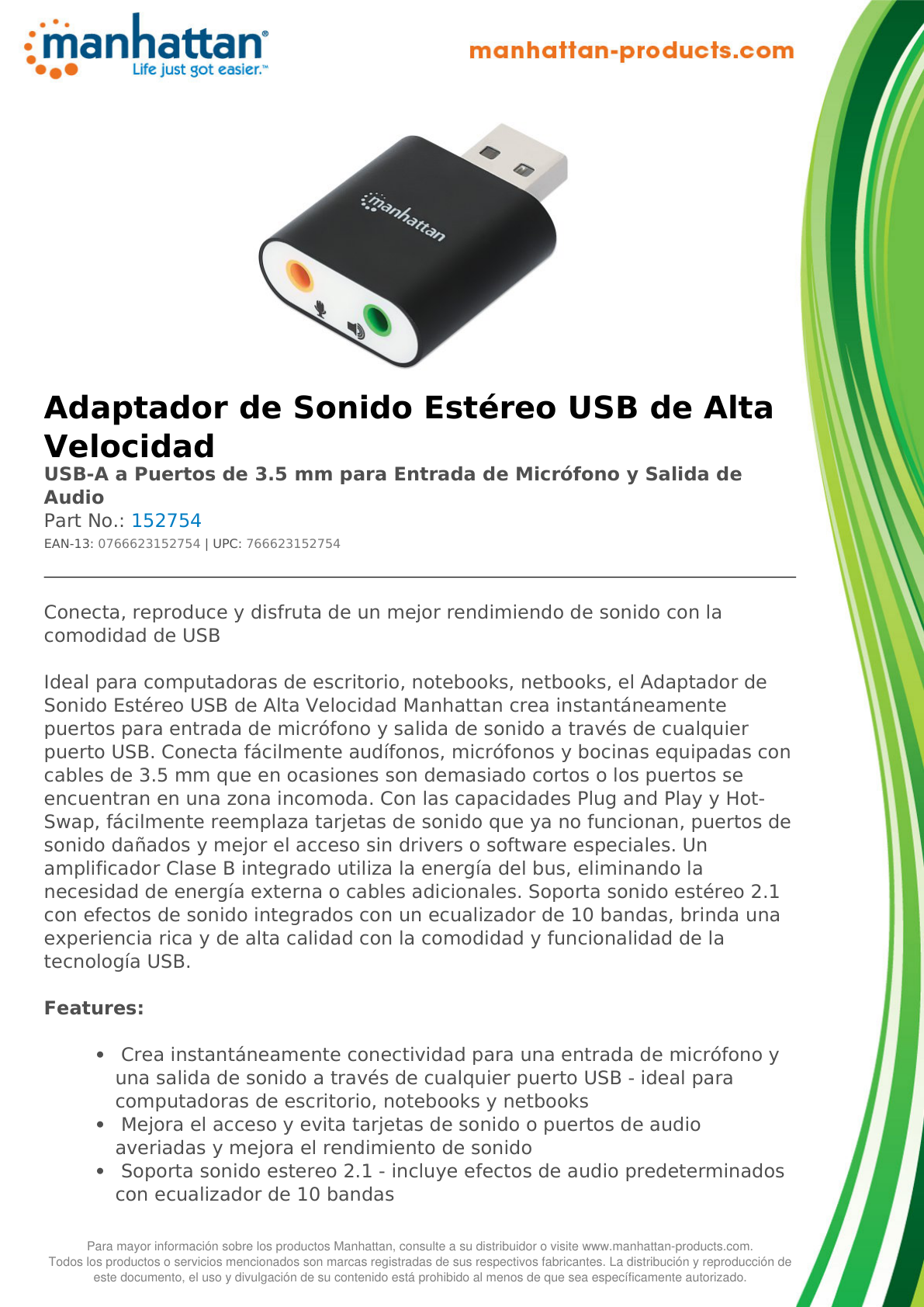 CONVERTIDOR MANHATTAN USB 2.0 A TARJETA DE SONIDO 2.1