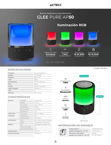 Bocina Acteck Glee Pure AP50 Negro portaitl Bluetooth 5.2 Iluminación de Efectos Series bateria recargable 3.5h 10W