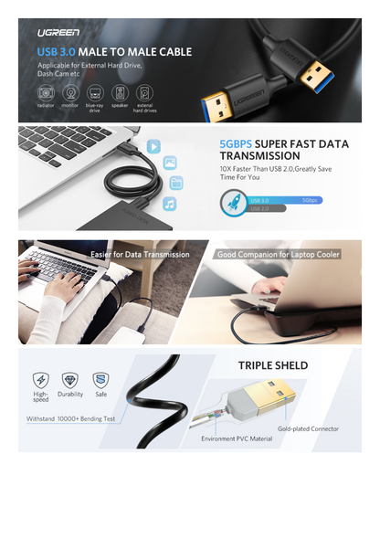 Cable USB-A 3.0 a  USB-A 3.0 / 2 Metros / Macho a Macho / Conector Niquelado / Núcleo de Cobre Estañado / Blindaje Múltiple / Velocidad 5Gbps / No Requiere Controlador / Compatible con USB2.0 Y USB 1.1