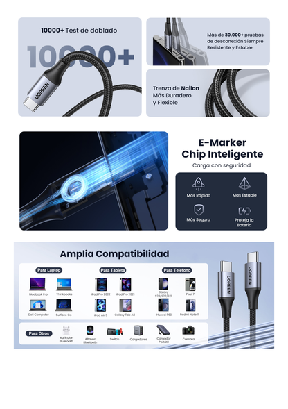 Cable USB-C a USB-C | 2 Metros | Potencia de Carga 240W | 48V/5A | PD3.1 /3.0 | 480 Mbps | Chip E-Market | Carcasa de Aluminio | Nylon Trenzado.