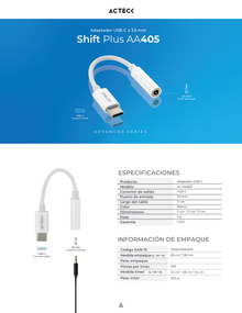 Adaptador Acteck USB-C a Jack 3.5 mm Shift Plus AA405 Para Auriculares Macho Hembra