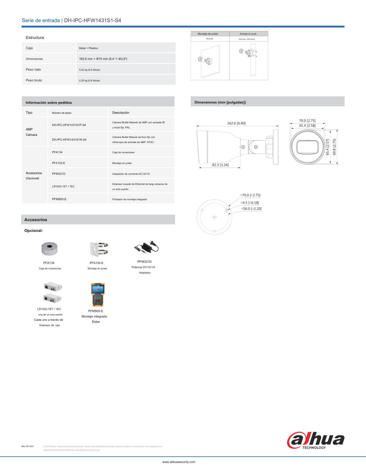 Camara Dahua DH-IPC-HFW1431S1N-0280B-S4 IP bullet 4 mpx lente 2.8 mm IR 30 m plastico exterior  h.265 93 gds aper IP67