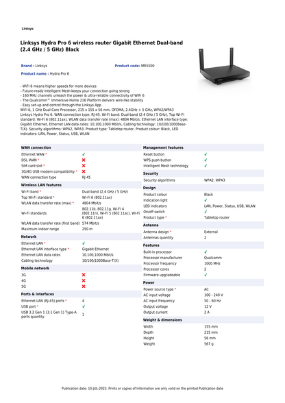 Router Wi-Fi 6 Linksys Hydra MR5500 Mesh AX5400 1 x WAN y 4 x LAN RJ45 gigabit 1 x USB 3.0 2 antenas fijas