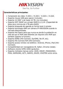 NVR 12 Megapixel (4K) / 32 Canales IP / Soporta Cámaras  AcuSense / 16 Bahías de Disco Duro / 2 Tarjetas de Red / Soporta RAID con Hot Swap / HDMI en 4K / Soporta POS