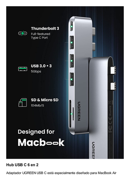 HUB USB-C (Thunderbolt 3) 6 en 2 | 3 Puertos USB3.0 | 1 USB-C (PD 100W) | Transferencia de Video y Datos | Memoria SD+ Micro SD (TF) Uso Simultáneo | Multifuncional para MacBook Pro/Air | Carcasa de Aluminio.