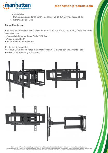 SOPORTE P/TV MANHATTAN P/PARED 50K 37 A 70 PULG UN BRAZO CURVAS O PLANAS