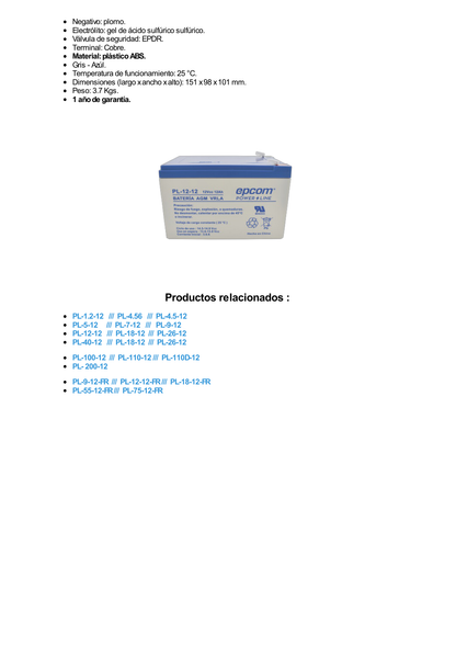 Batería 12 Vcc / 12 Ah / UL / Tecnología AGM-VRLA / Para uso en equipo electrónico Alarmas de intrusión / Incendio/ Control de acceso / Video Vigilancia / Terminales F2 / Cargador recomendado CHR-80.