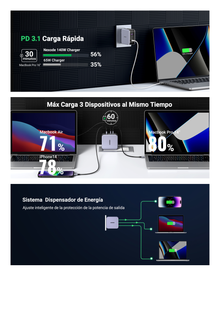 Cargador de 140W serie Nexode | 3 Puertos de Carga Rápida | 2 USB-C | 1 USB-A | Tecnología GaN II +SIC | PD3.1 / QC4.0 | Tecnología de Protección Térmica | Optimiza la Experiencia de Carga | Incluye cable USB-C